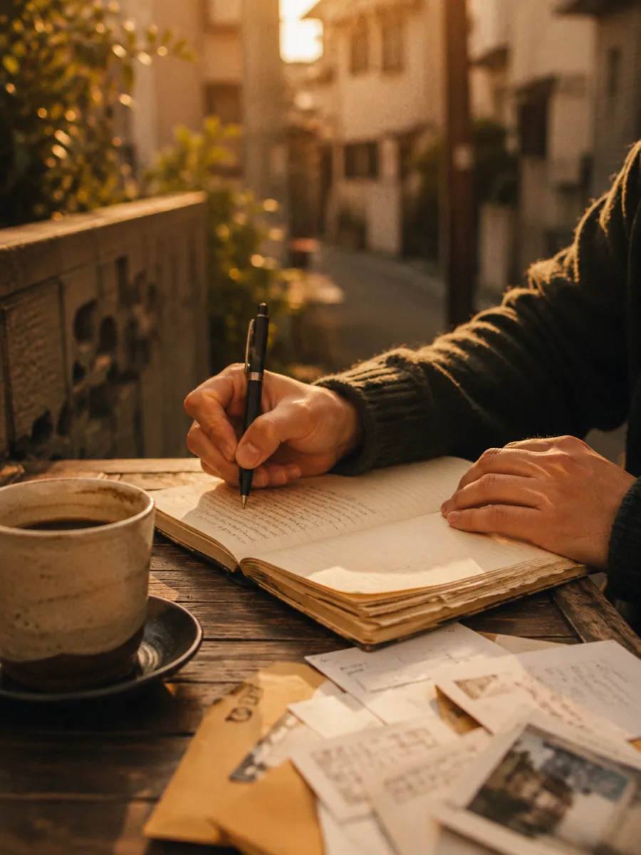 Hands writing in a notebook at an outdoor café table, coffee beside a scatter of papers