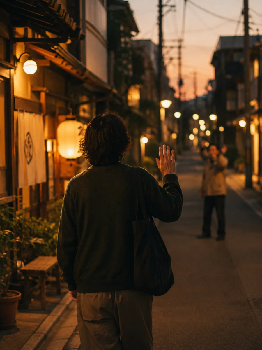 A resident seen from behind, waving to a neighbour on a quiet lantern-lit street at dusk