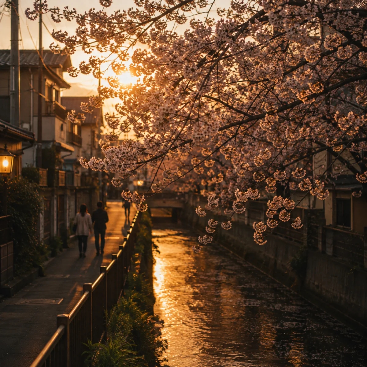 Cherry blossom branches over a Tokyo canal at golden hour, two people walking the path beneath